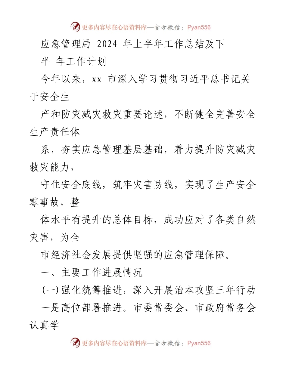 [工作总结] 应急管理局 - 2024年上半年工作总结与下半年工作计划.docx_第1页