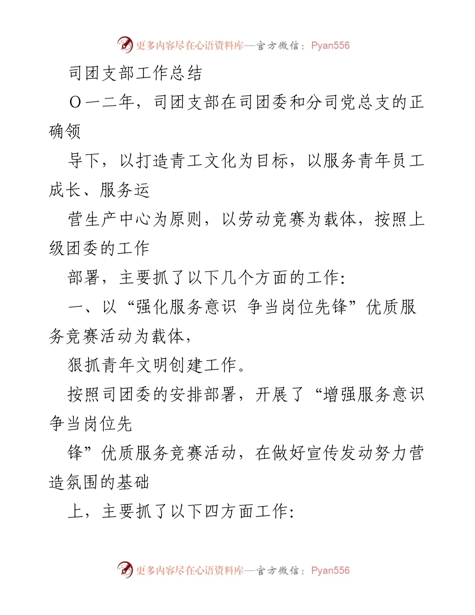 [工作总结] 年度总结 - 司团支部2012年工作总结与青年文化建设成果.docx_第1页