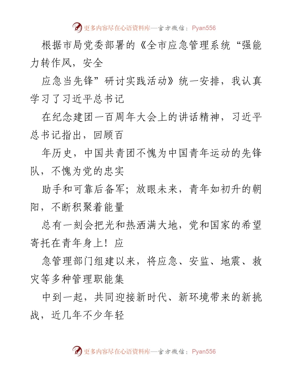 [工作总结] 应急管理系统研讨实践活动 - 强化青年干部能力与作风建设的学习体会.docx_第1页
