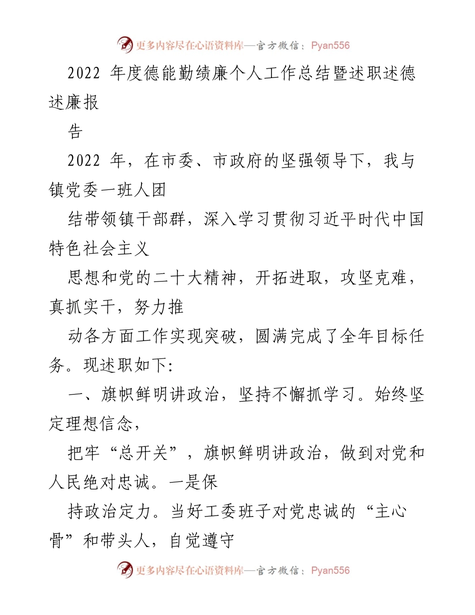 [工作总结] 年度述职 - 2022年度德能勤绩廉个人工作总结报告.docx_第1页