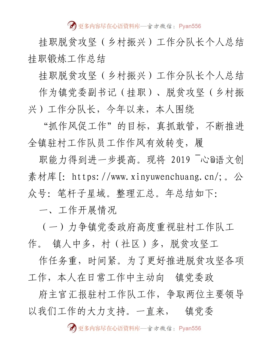 [工作总结] 挂职锻炼 - 脱贫攻坚工作分队长年度总结报告.docx_第1页