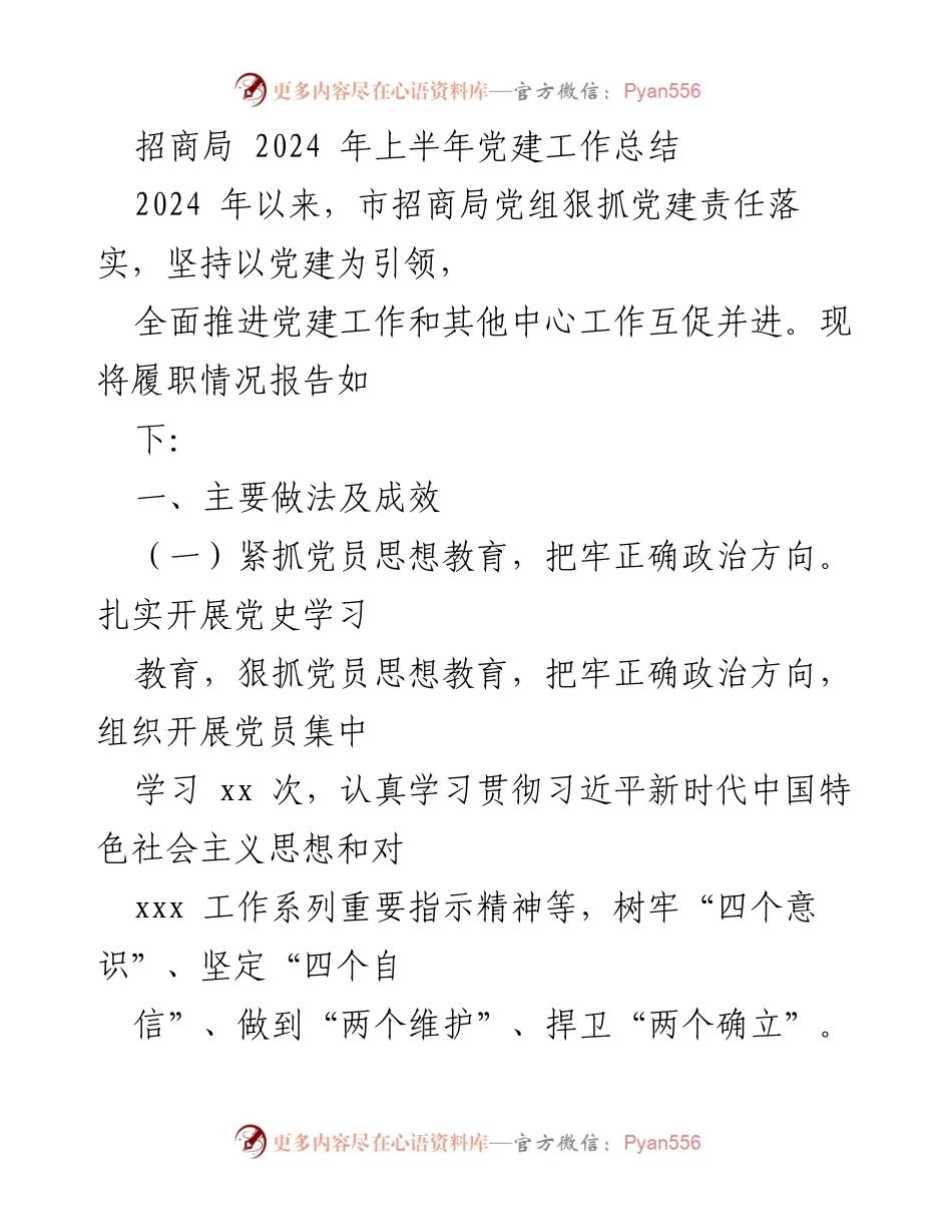 [工作总结] 招商局2024年上半年 - 党建工作责任落实与成效报告.docx_第1页