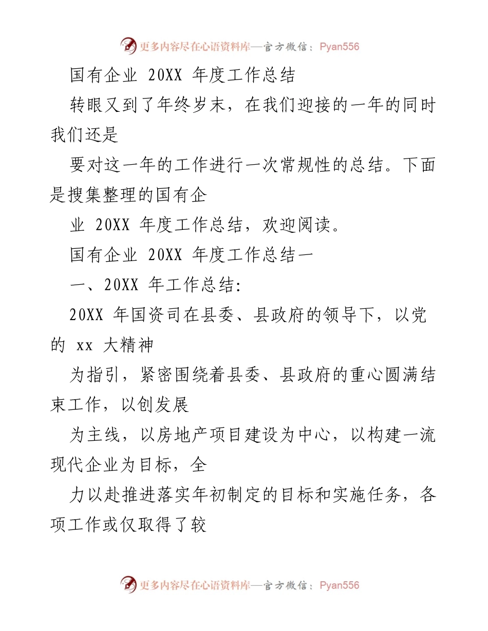 [工作总结] 年度总结 - 国有企业20XX年度工作总结与成就分析.docx_第1页