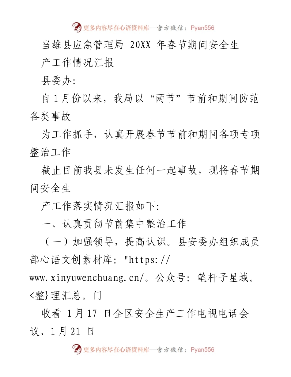 [工作总结] 春节期间 - 当雄县春节期间安全生产工作情况汇报.docx_第1页