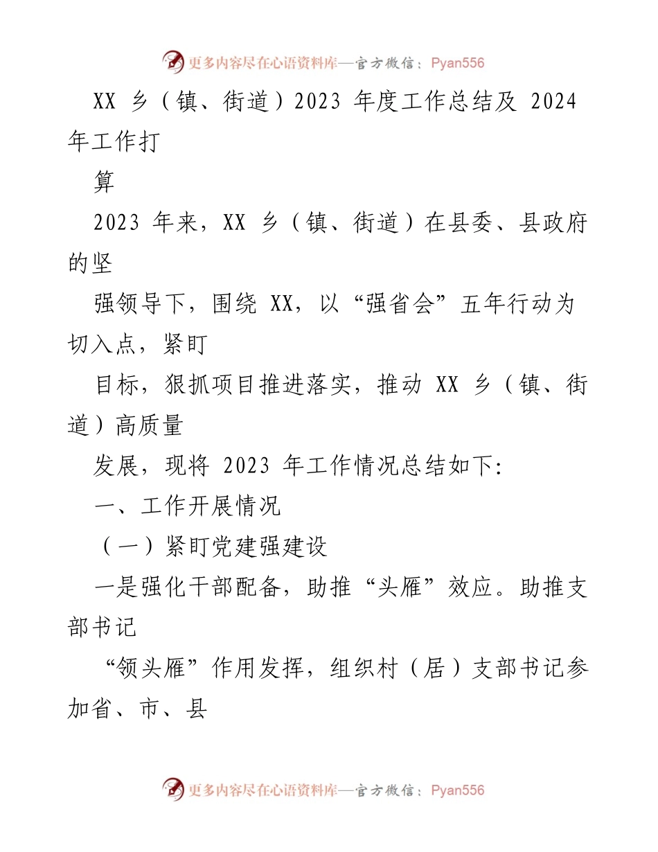 [工作总结] 年度总结会议 - XX乡（镇、街道）2023年度工作总结及2024年工作计划.docx_第1页
