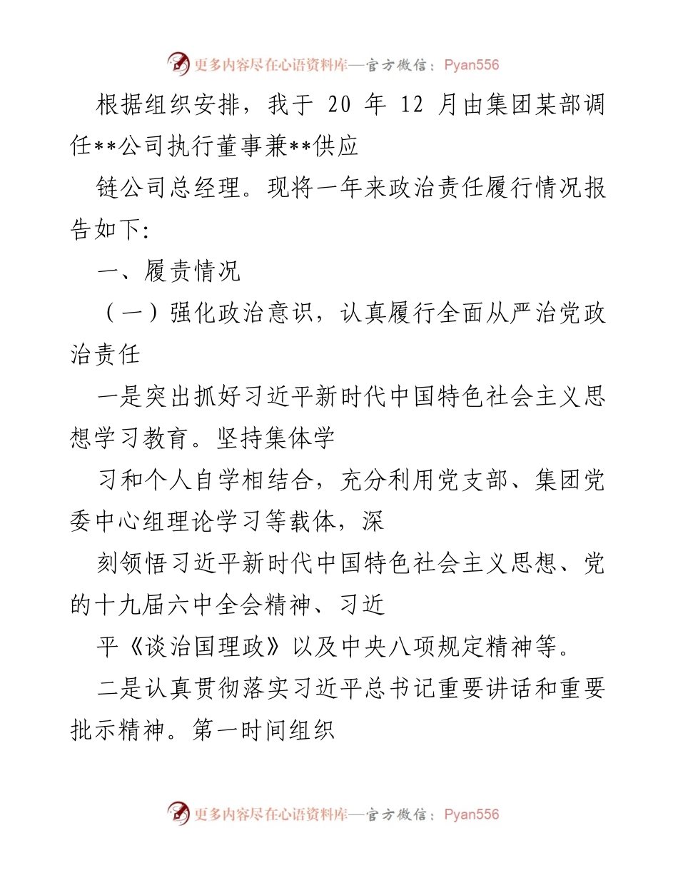 [工作总结] 年度总结 - 一年来的政治责任履行情况报告.docx_第1页