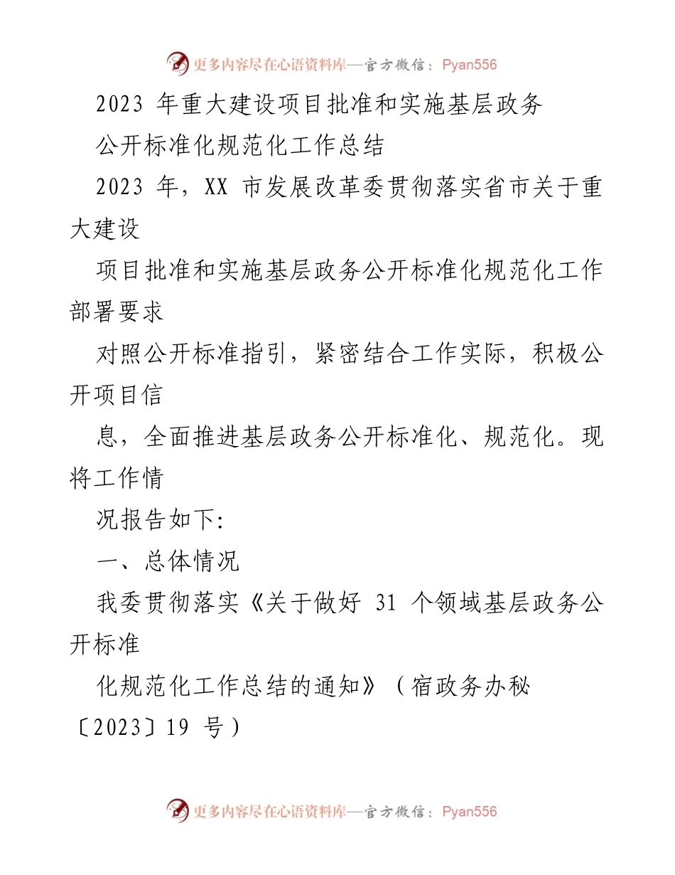 [工作总结] 政务公开工作总结 - 2023年XX市重大建设项目政务公开标准化实施情况总结.docx_第1页