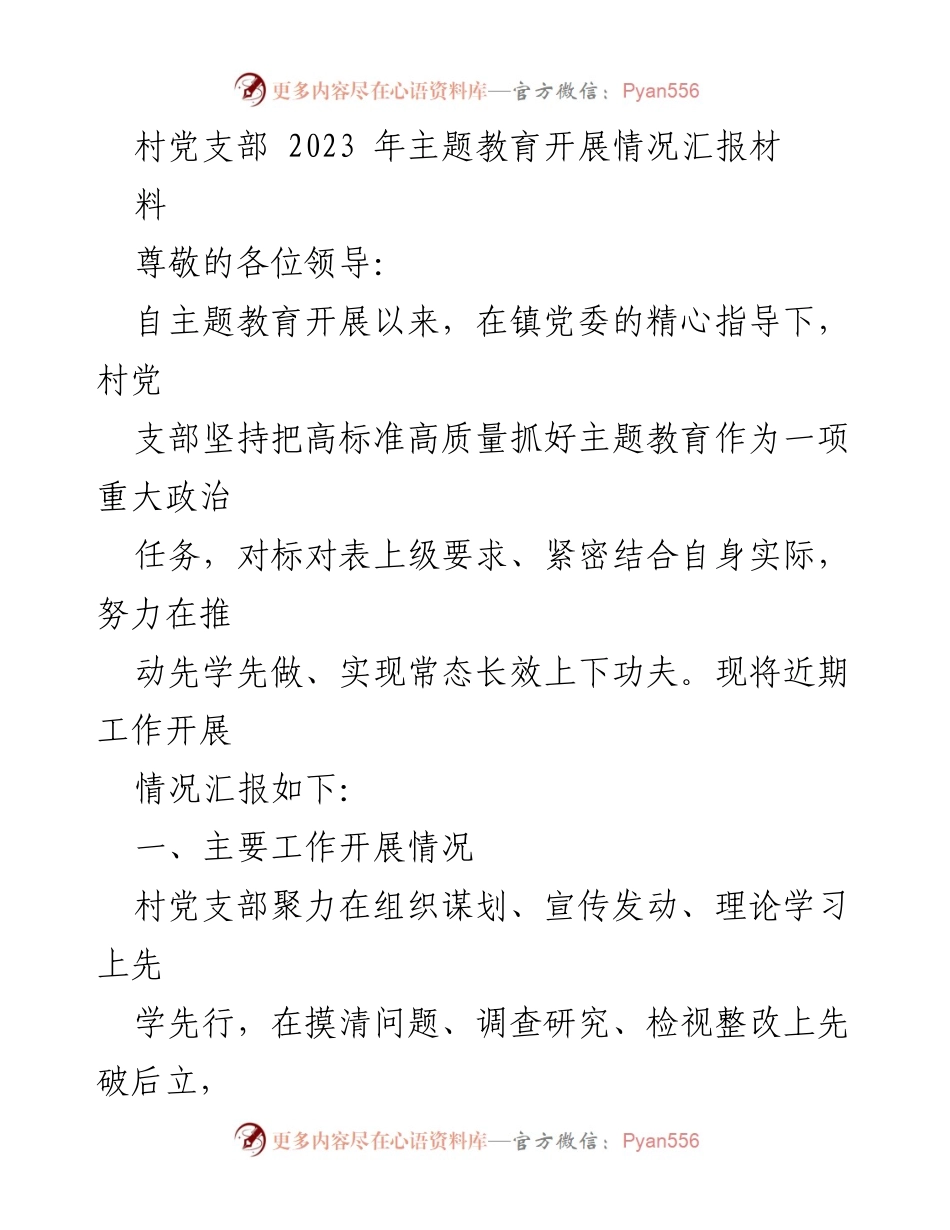 [工作总结] 村党支部 - 2023年主题教育开展情况汇报.docx_第1页