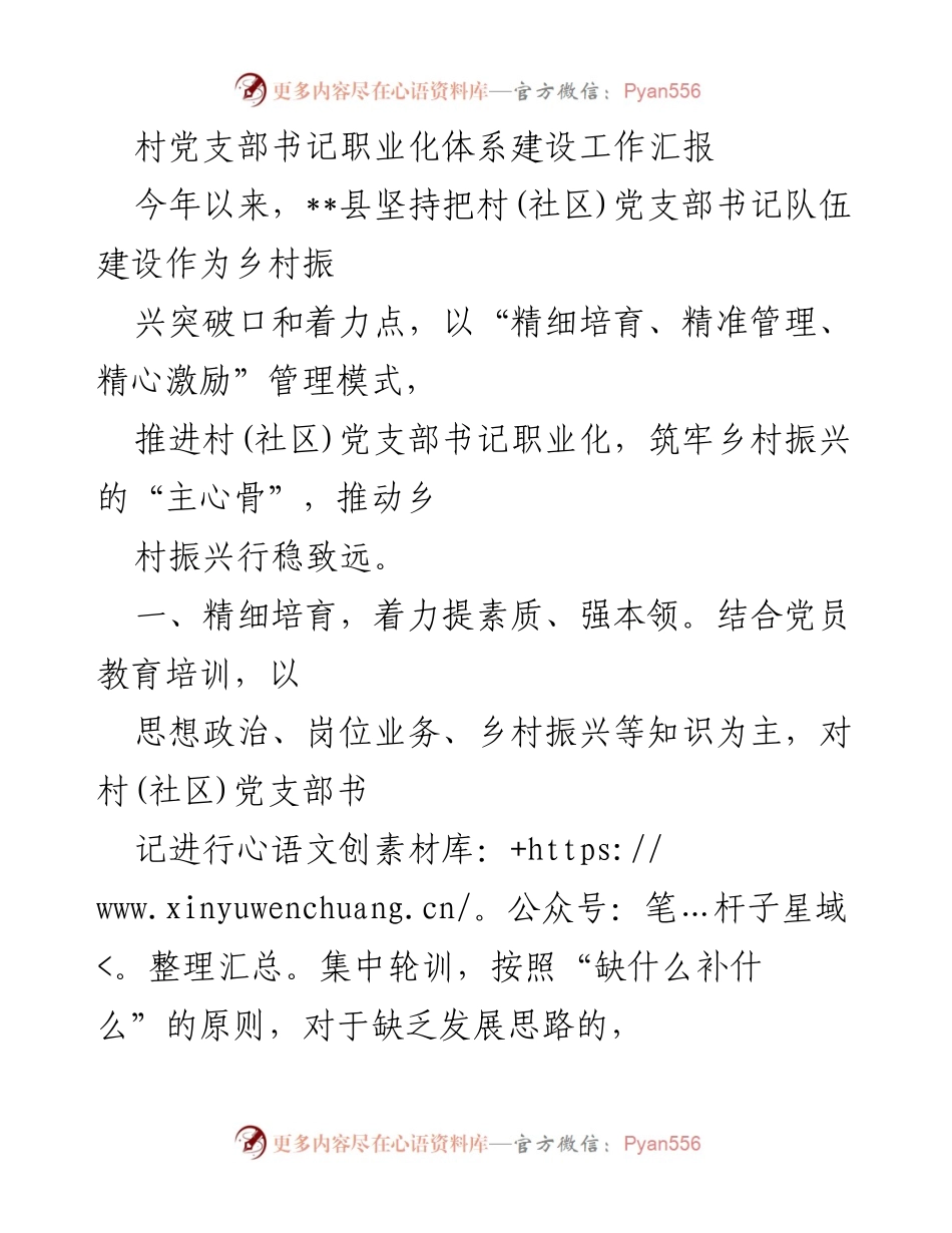 [工作总结] 村党支部书记职业化建设 - 村党支部书记职业化体系建设工作汇报.docx_第1页
