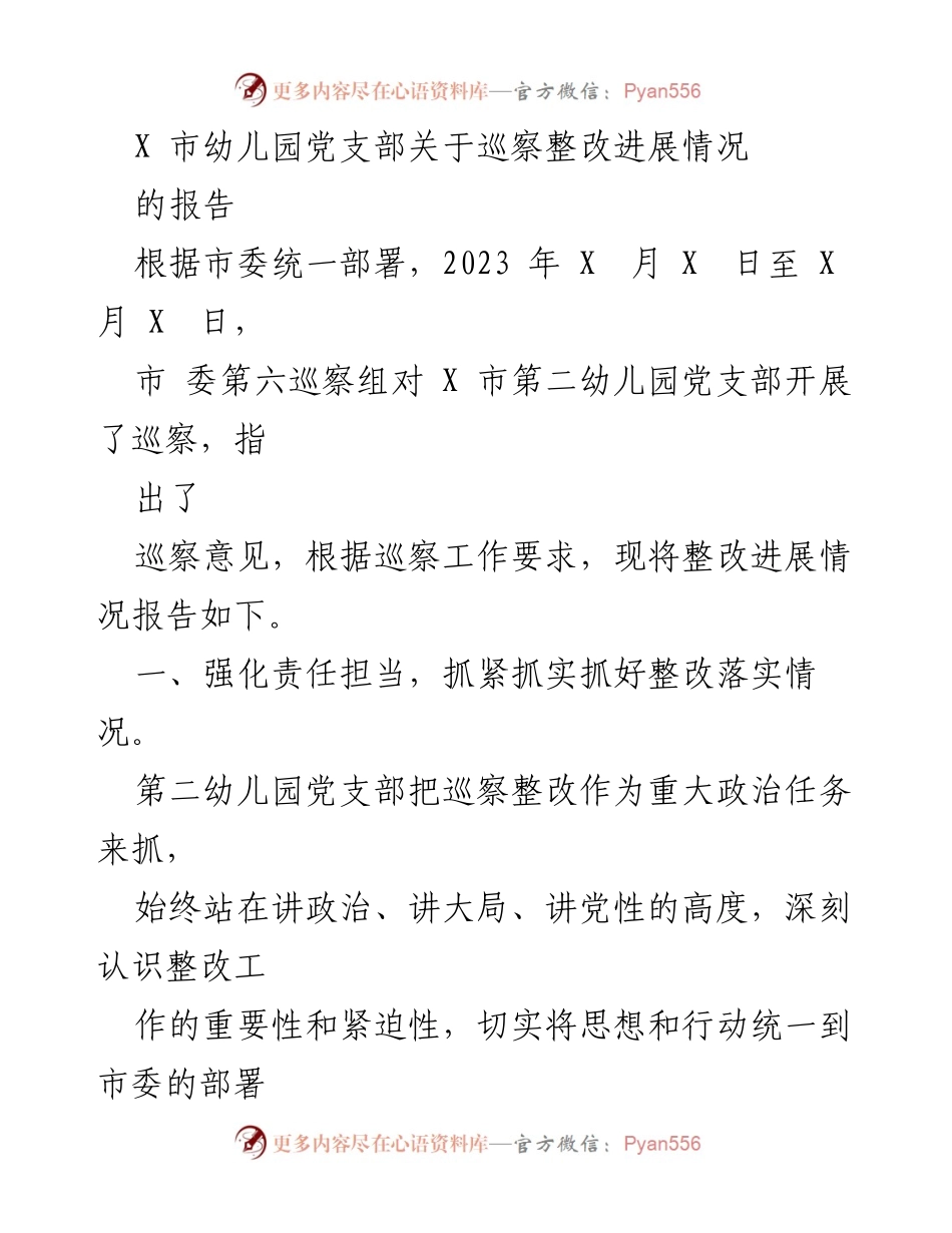 [工作总结] 幼儿园巡察整改 - X市第二幼儿园党支部巡察整改进展情况报告.docx_第1页