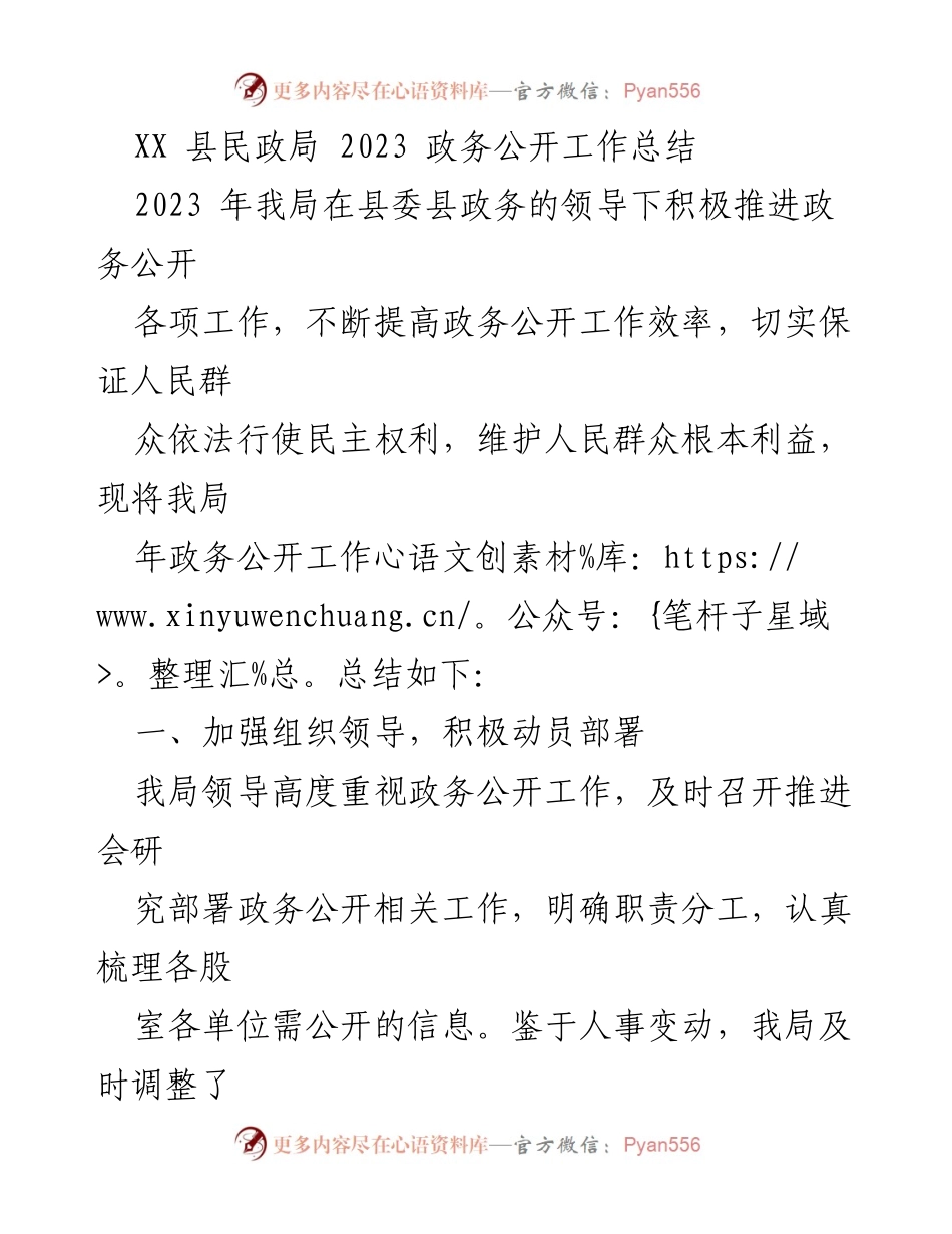 [工作总结] 政务公开 - 2023年XX县民政局政务公开工作总结.docx_第1页