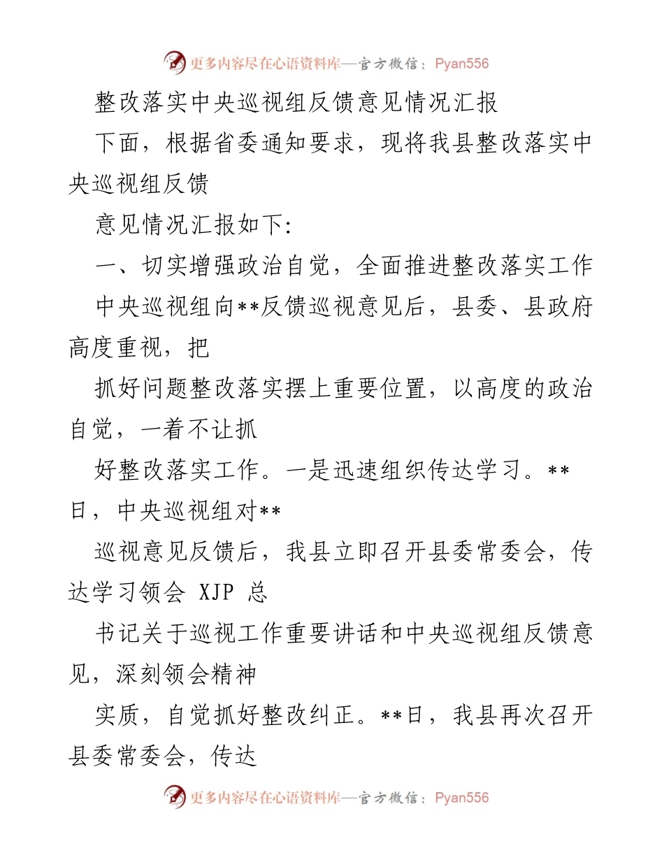 [工作总结] 整改落实 - 中央巡视组反馈意见整改落实情况汇报.docx_第1页