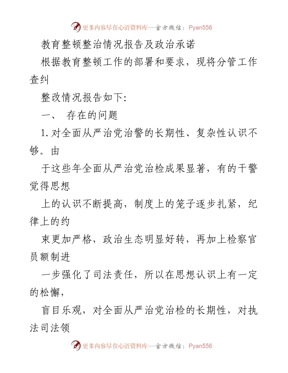 [工作总结] 教育整顿 - 教育整顿整治情况报告及政治承诺分析.docx_第1页