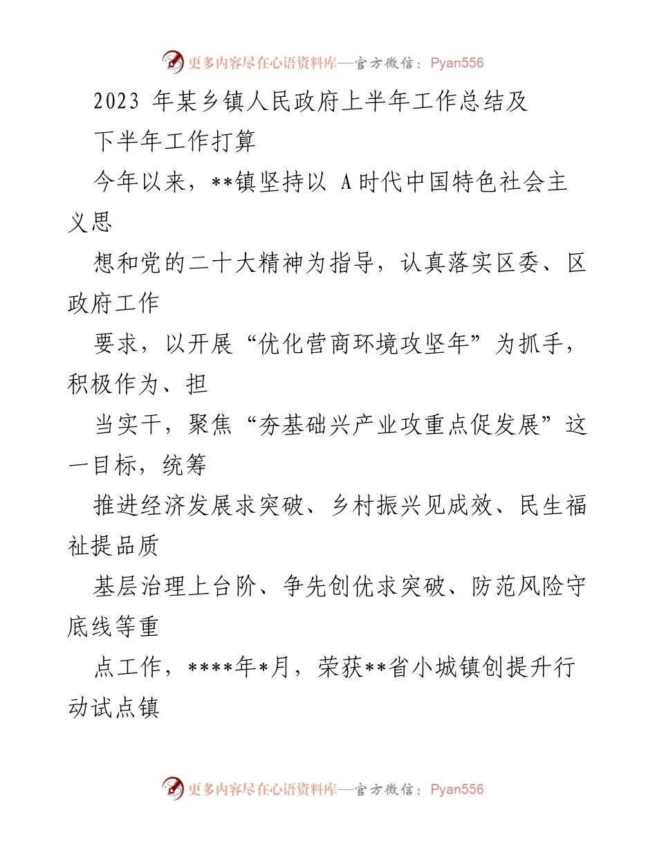 [工作总结] 政府工作 - 2023年某乡镇上半年工作总结与下半年工作计划.docx_第1页