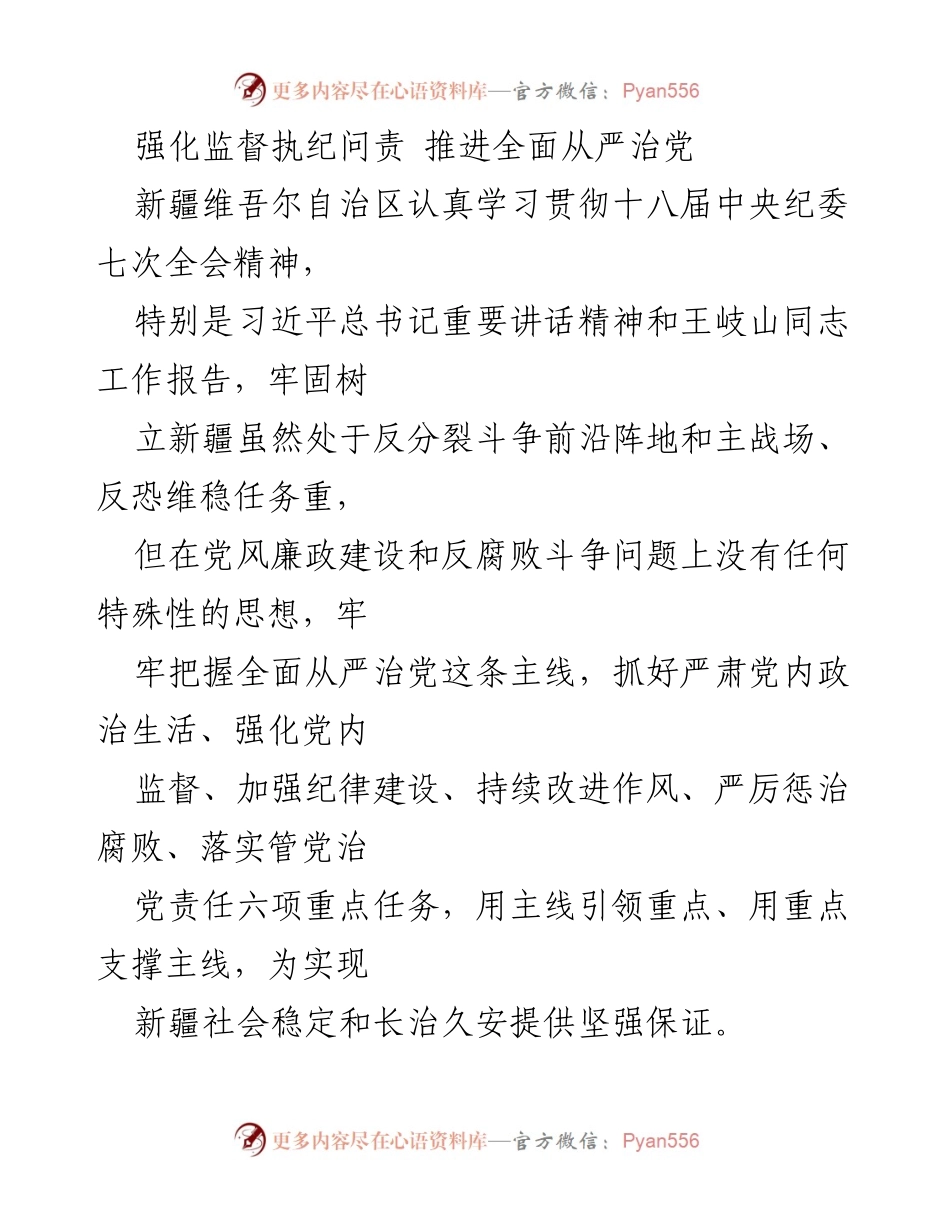 [工作总结] 新疆维吾尔自治区 - 强化监督执纪问责，推进全面从严治党.docx_第1页