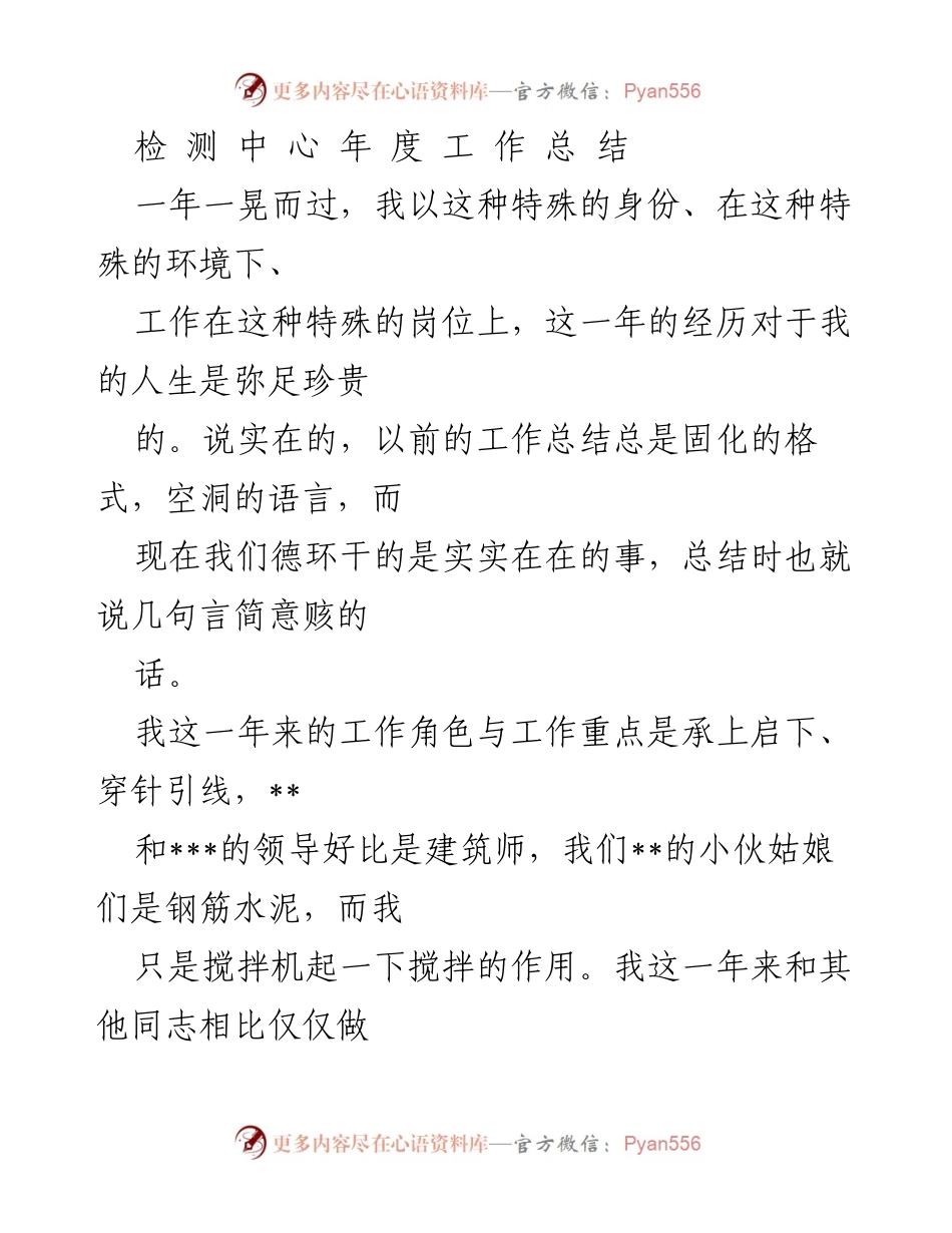 [工作总结] 年度总结 - 检测中心年度工作总结与反思.docx_第1页