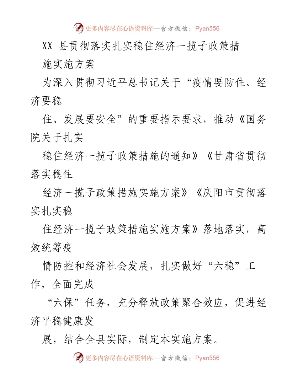 [工作总结] 政策落实 - XX县扎实稳住经济一揽子政策实施方案总结.docx_第1页