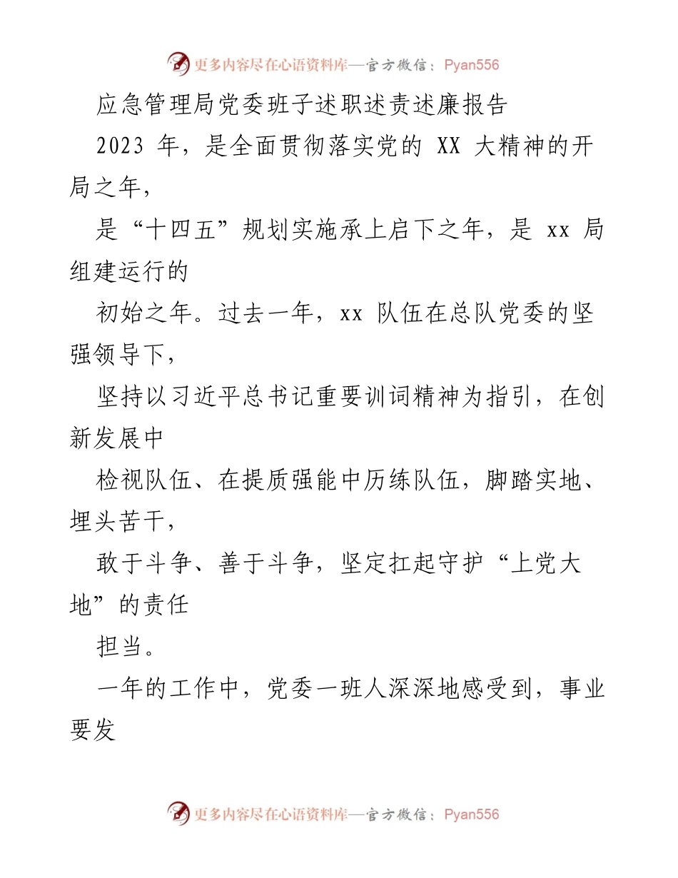 [工作总结] 应急管理局党委述职 - 2023年度党委班子述职述责述廉报告.docx_第1页