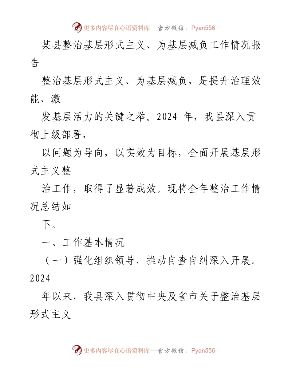 [工作总结] 整治形式主义 - 某县2024年基层形式主义整治与减负工作总结报告.docx_第1页