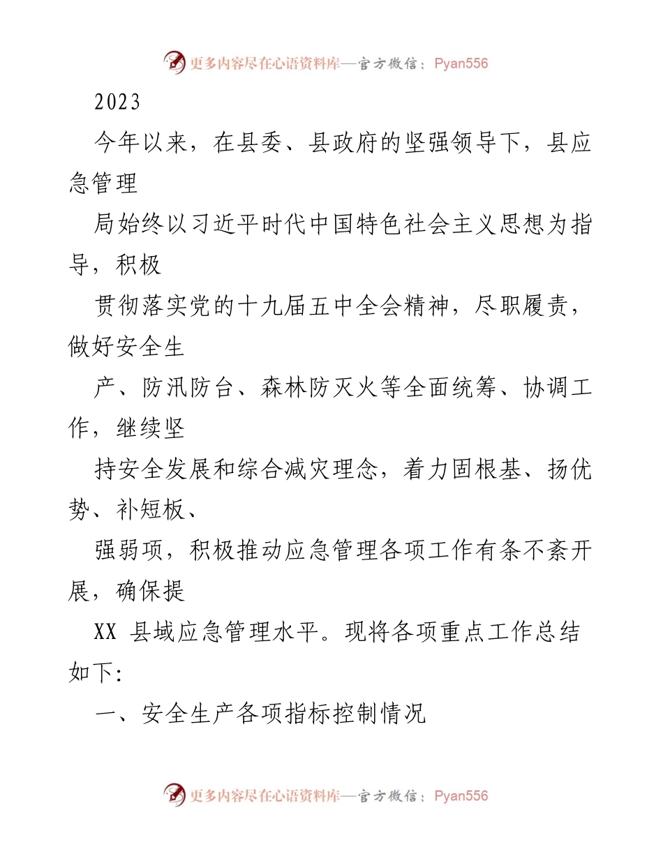 [工作总结] 应急管理局 - 2023年XX县应急管理工作总结报告.docx_第1页