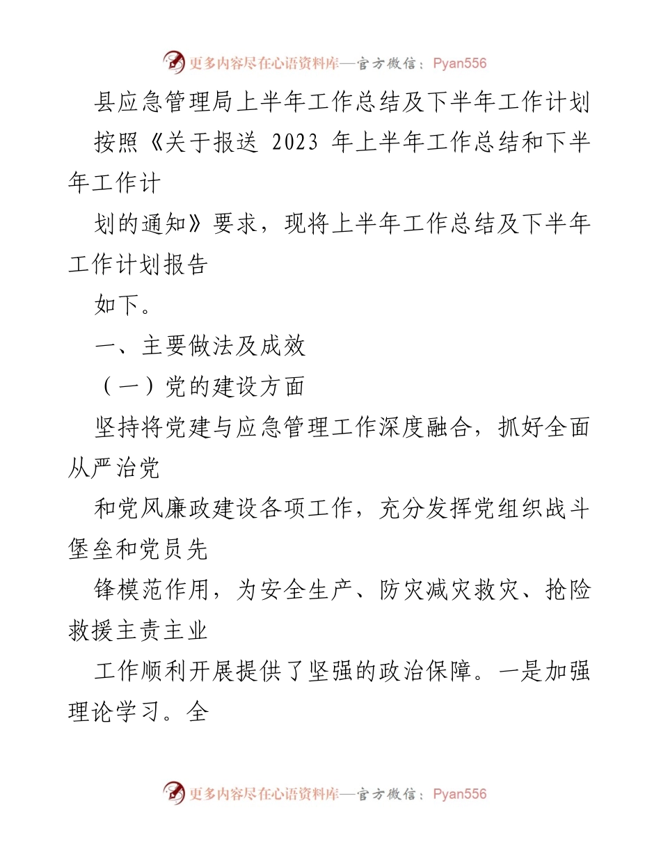 [工作总结] 应急管理局 - 上半年工作总结及下半年工作计划报告.docx_第1页
