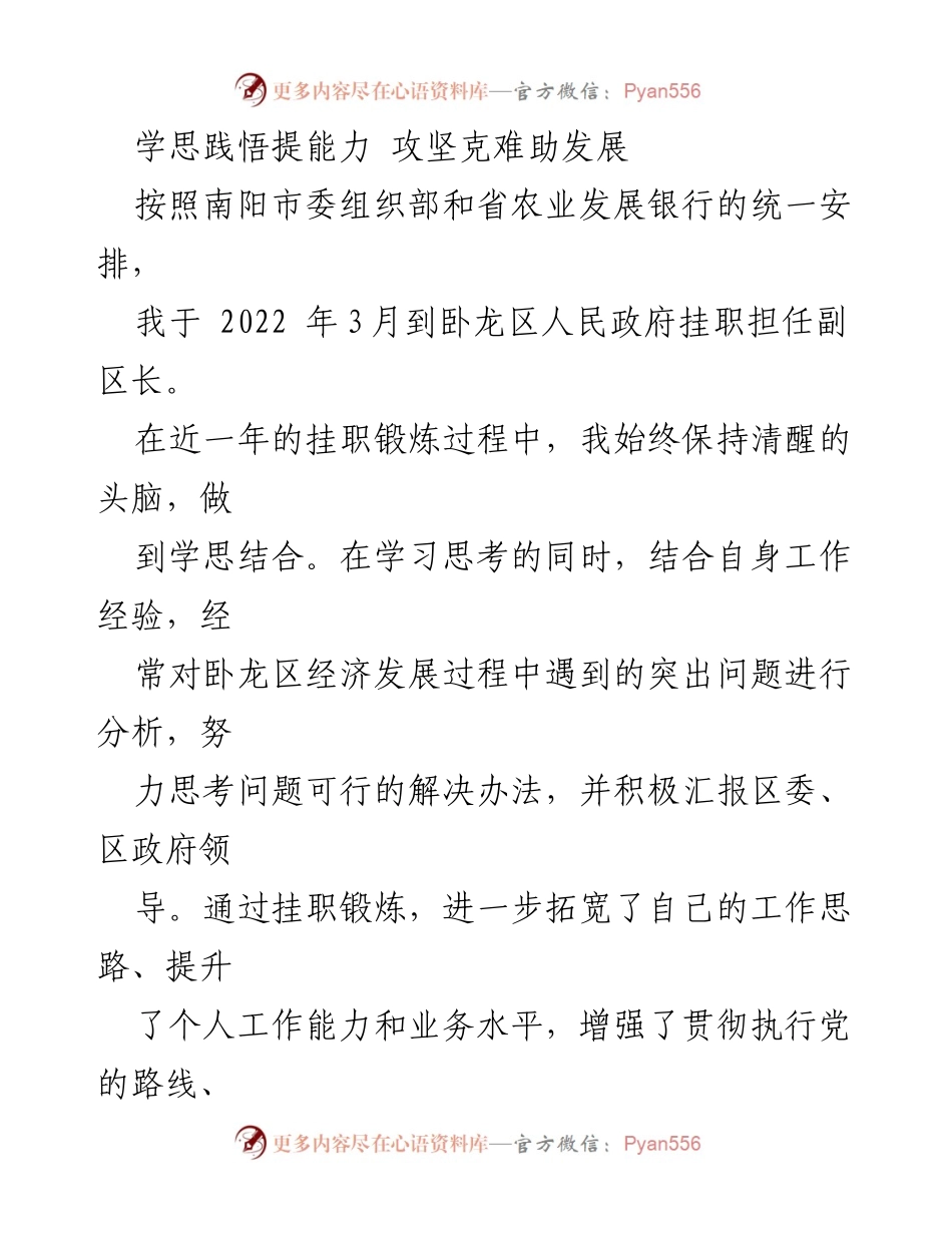 [工作总结] 挂职锻炼 - 提升能力与推动发展：挂职副区长的实践与思考.docx_第1页