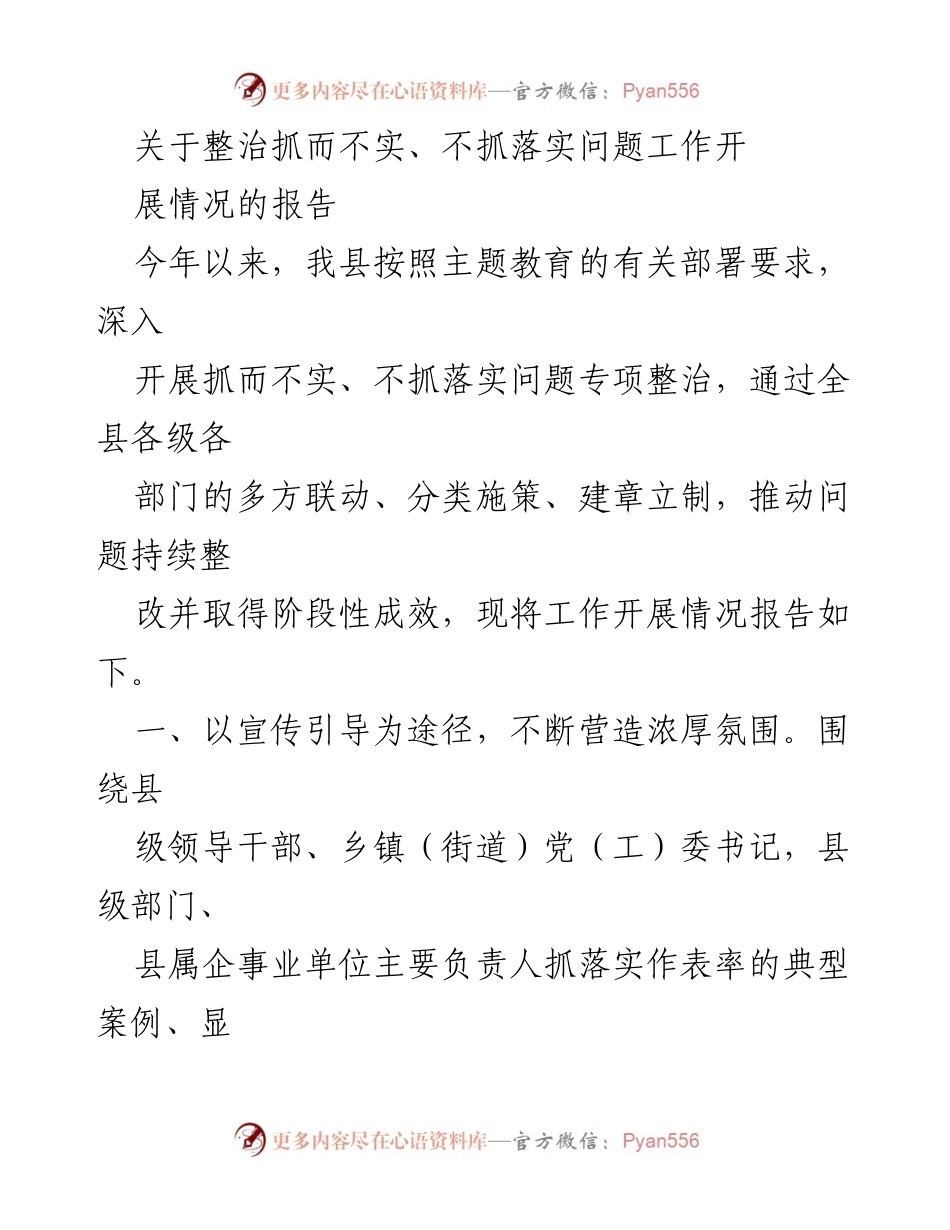 [工作总结] 整治工作 - 整治抓而不实、不抓落实问题的工作开展情况报告_1.docx_第1页