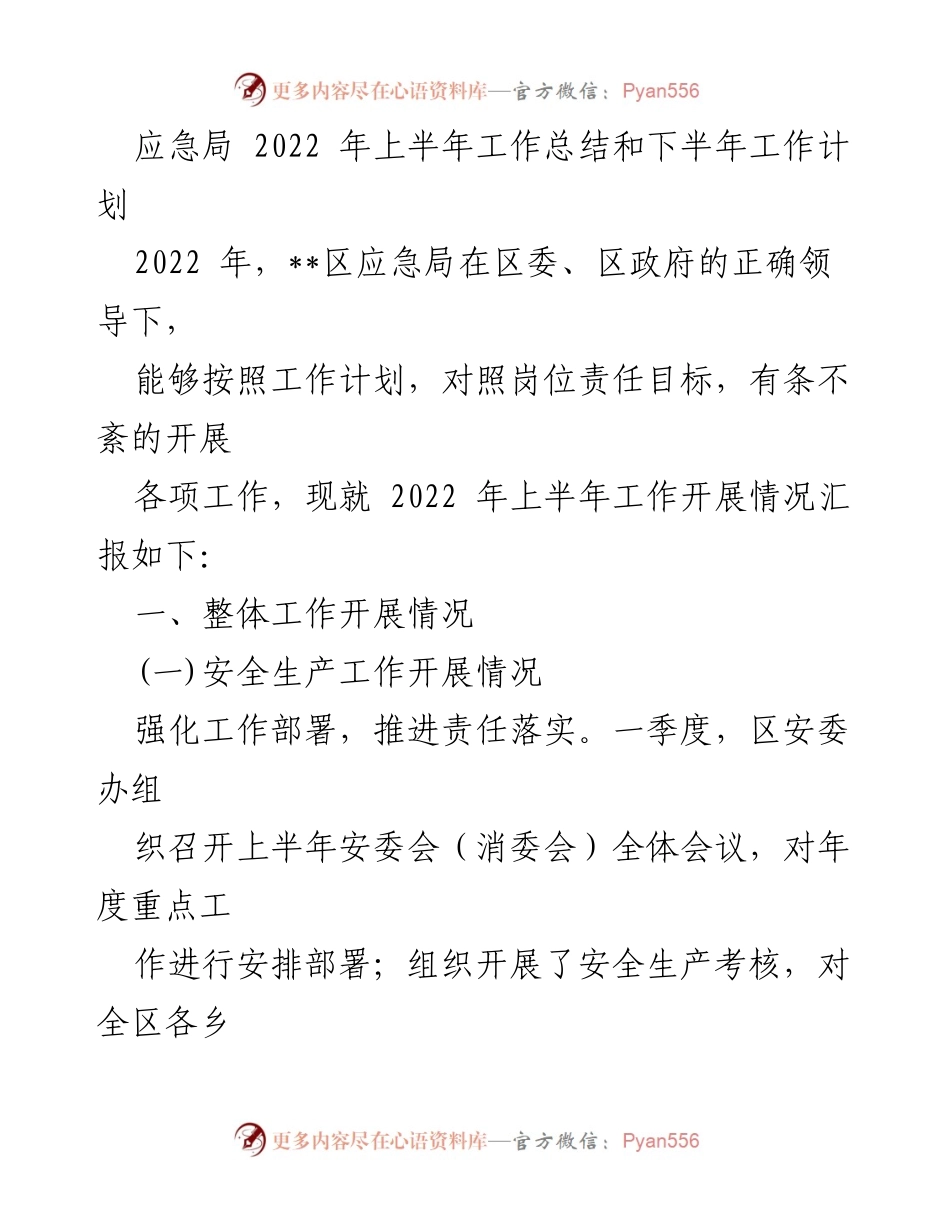 [工作总结] 应急局 - 2022年上半年工作总结与下半年工作计划_1.docx_第1页