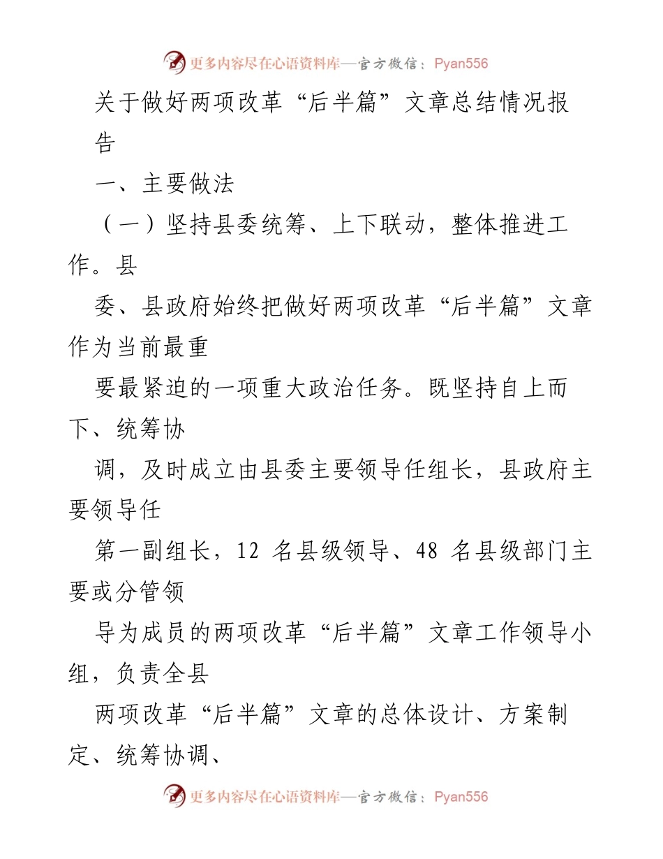 [工作总结] 政府改革 - 关于做好两项改革“后半篇”文章的工作总结报告.docx_第1页