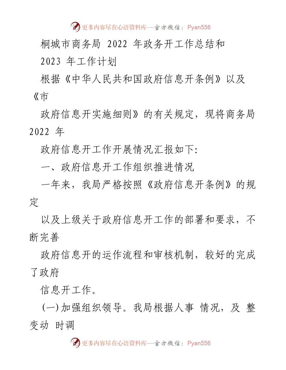[工作总结] 政务信息公开 - 桐城市商务局2022年政务信息公开工作总结与2023年工作计划.docx_第1页