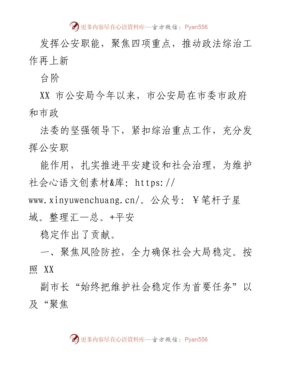 [工作总结] 政法综治工作 - 发挥公安职能，推动社会治理新机制建设.docx_第1页