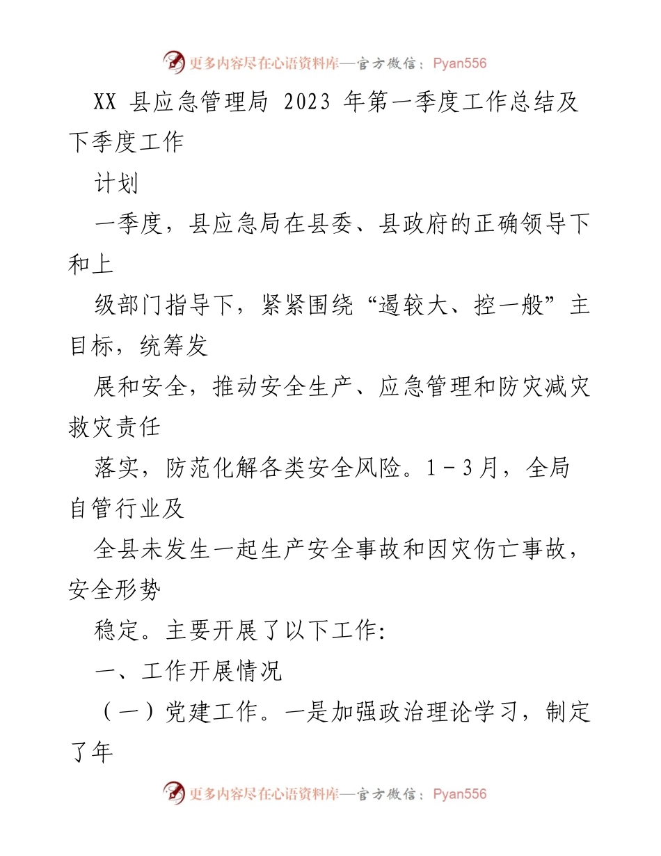[工作总结] 应急管理局 - 2023年第一季度工作总结及下季度工作计划_1.docx_第1页