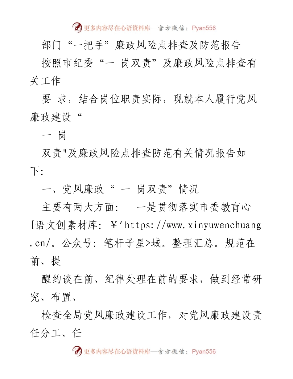 [工作总结] 廉政风险排查 - 部门“一把手”廉政风险点排查及防范工作总结报告.docx_第1页