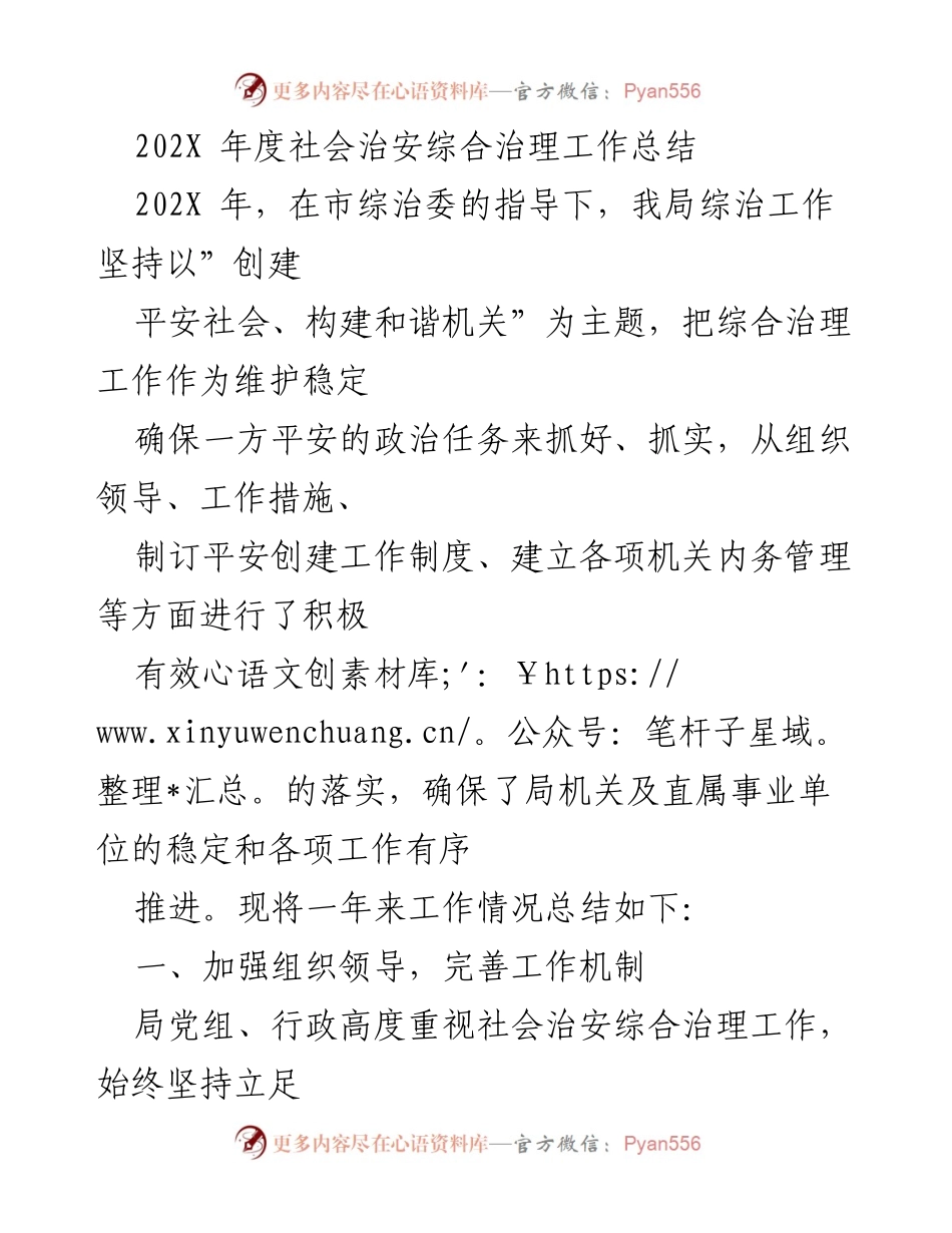 [工作总结] 年度综治工作 - 202X年度社会治安综合治理工作总结.docx_第1页