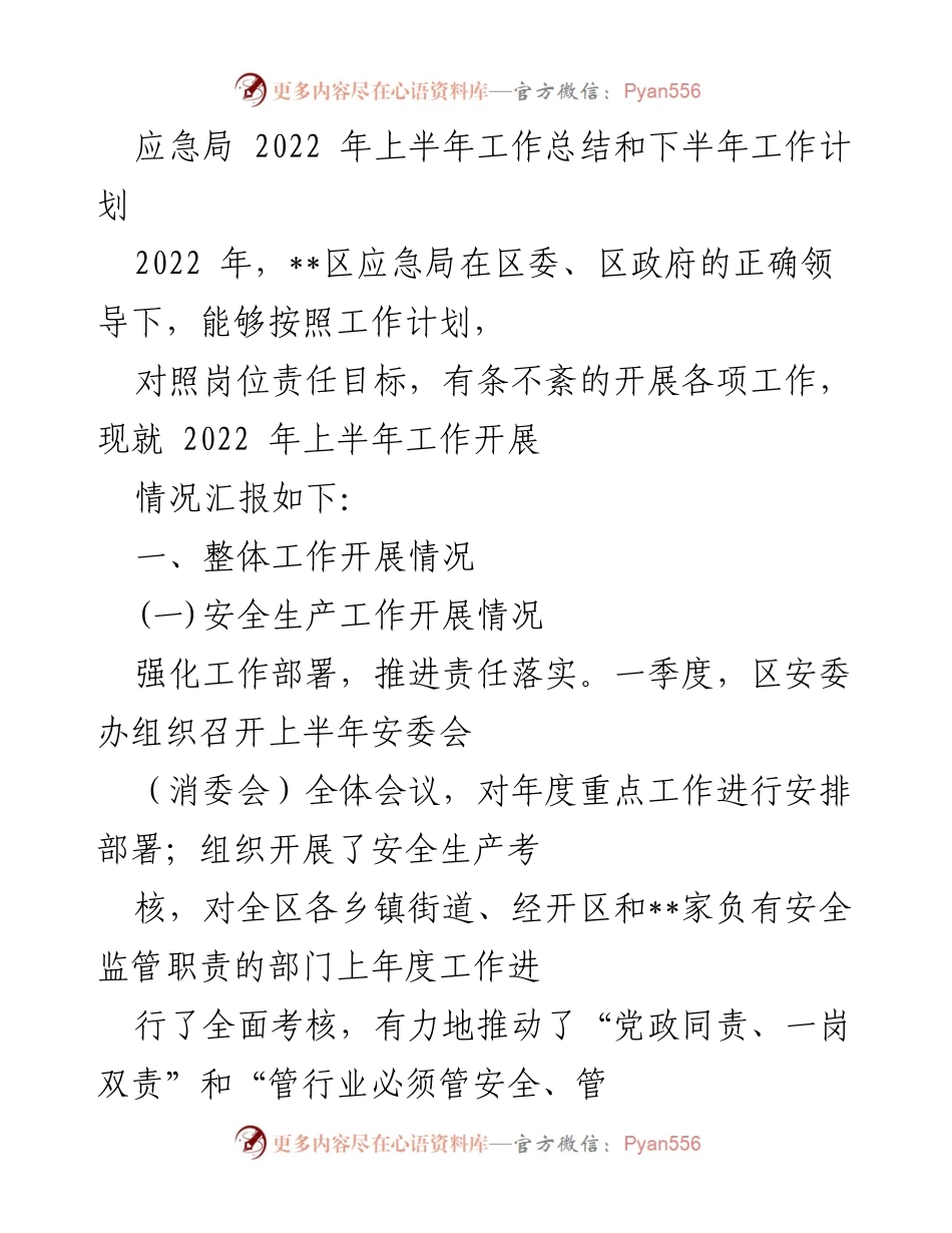 [工作总结] 应急局 - 2022年上半年工作总结与下半年工作计划.docx_第1页