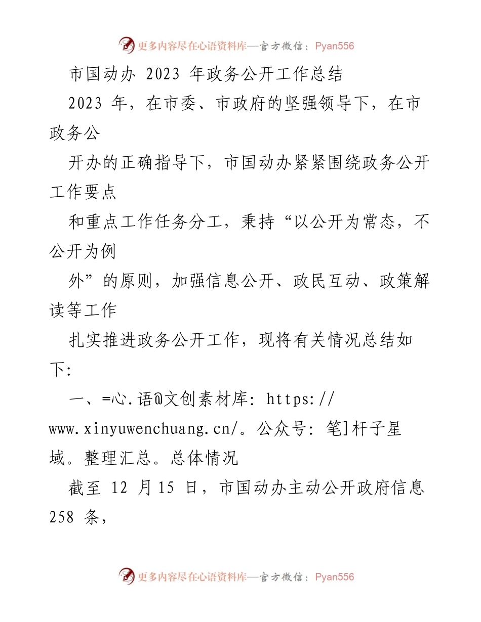 [工作总结] 政务公开 - 市国动办2023年政务公开工作总结报告.docx_第1页