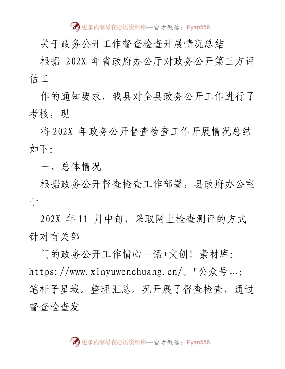 [工作总结] 政务公开督查 - 202X年政务公开工作督查检查情况总结与整改建议.docx_第1页