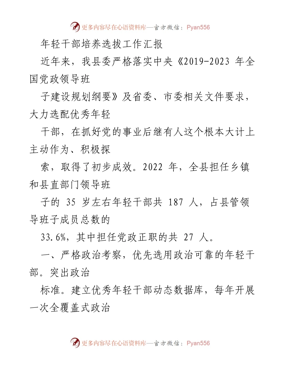 [工作总结] 年轻干部培养选拔 - 年轻干部培养选拔工作成效汇报.docx_第1页