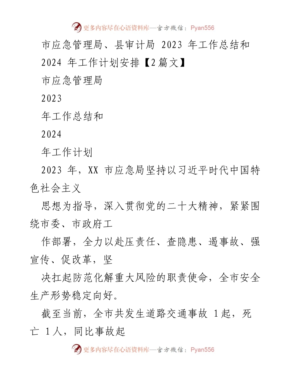 [工作总结] 应急管理局与审计局 - 2023年工作总结与2024年工作计划安排.docx_第1页