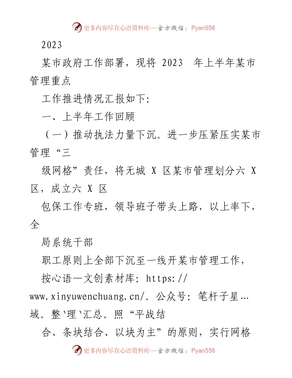 [工作总结] 政府工作部署 - 2023年上半年某市管理工作推进情况汇报.docx_第1页
