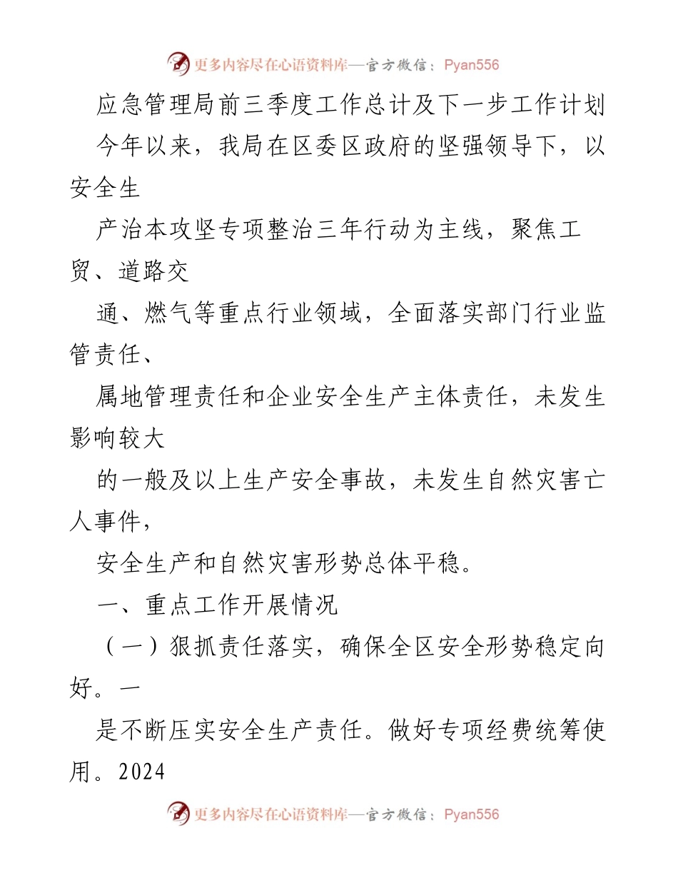 [工作总结] 应急管理局 - 前三季度安全生产工作总结及下一步计划.docx_第1页