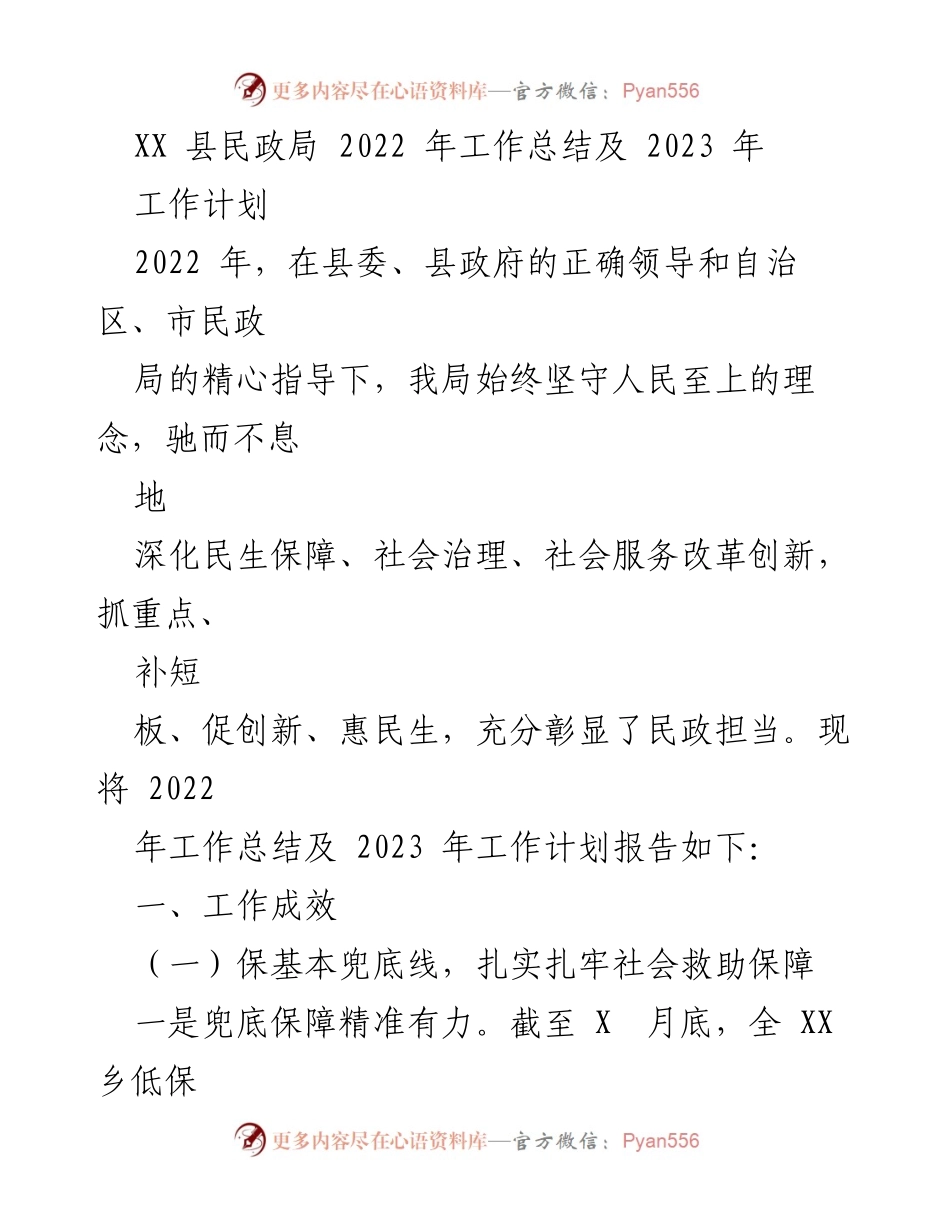 [工作总结] 政府部门 - XX县民政局2022年工作总结及2023年工作计划.docx_第1页