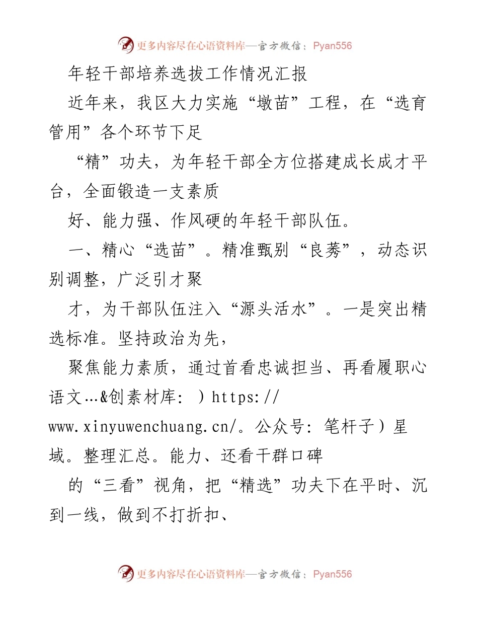 [工作总结] 年轻干部培养选拔 - 年轻干部培养选拔工作情况汇报.docx_第1页