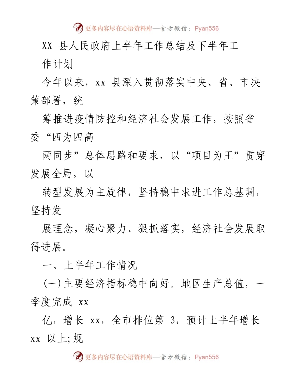 [工作总结] 政府工作 - XX县2023年上半年工作总结与下半年计划.docx_第1页