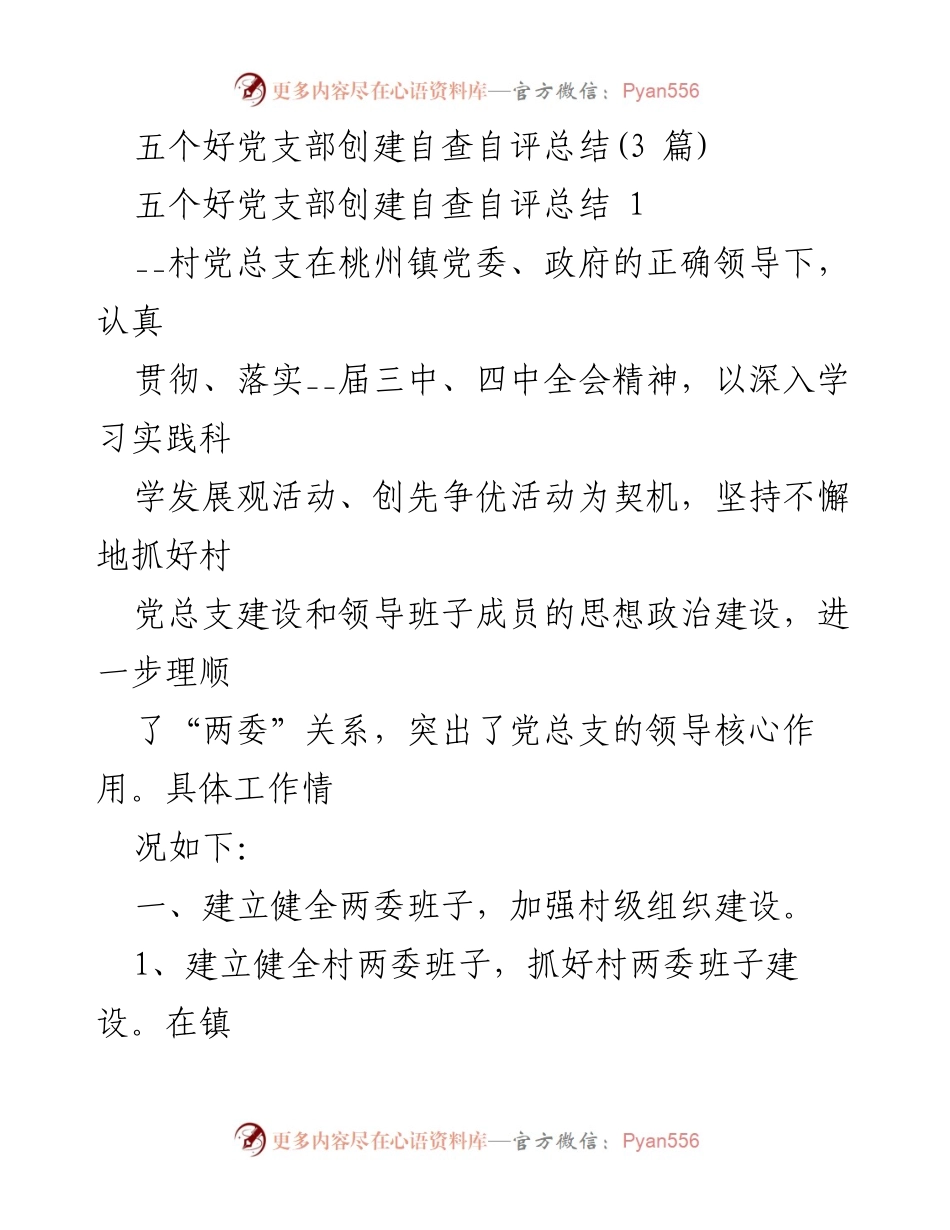 [工作总结] 村党总支自评 - 五个好党支部创建工作总结与民生工程进展报告.docx_第1页