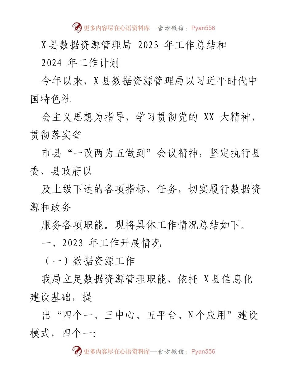 [工作总结] 年度总结 - X县数据资源管理局2023年工作总结与2024年工作计划.docx_第1页