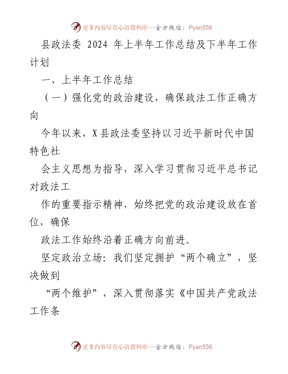 [工作总结] 政法工作 - 2024年上半年县政法委工作总结与下半年计划.docx_第1页