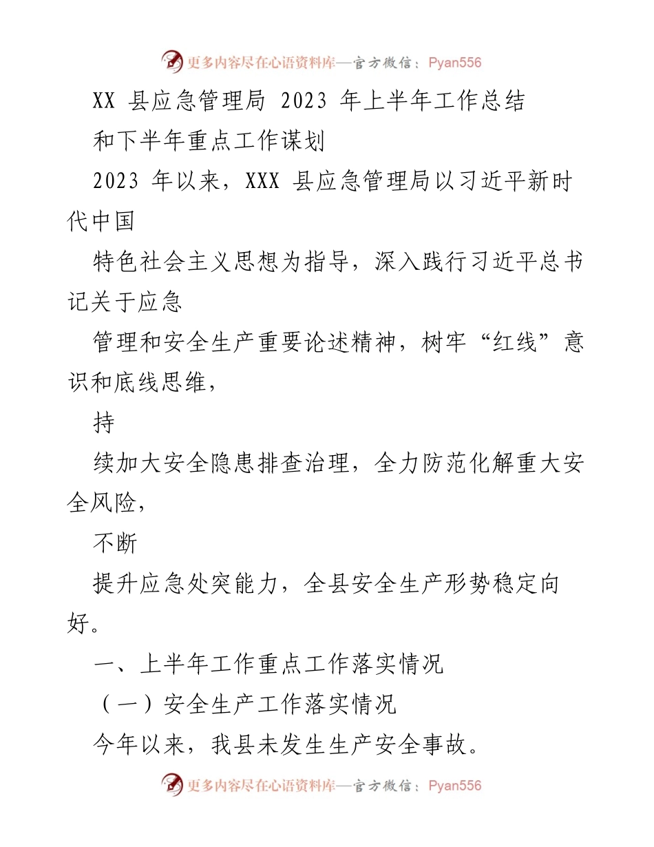 [工作总结] 应急管理局 - 2023年上半年安全生产工作总结与下半年重点工作规划.docx_第1页