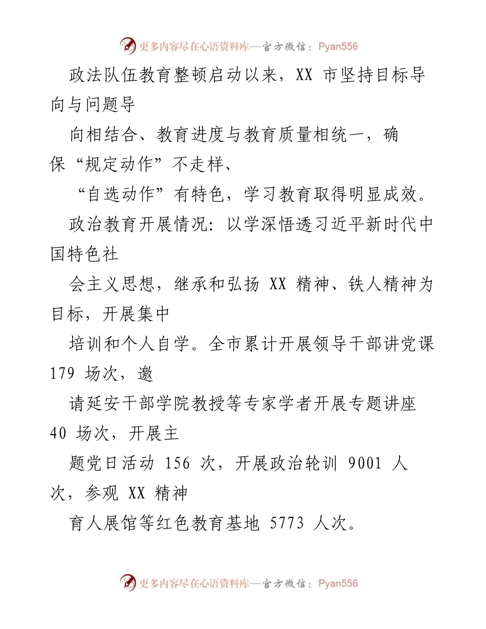 [工作总结] 政法队伍教育整顿 - XX市政法队伍教育整顿工作总结与成效分析.docx_第1页