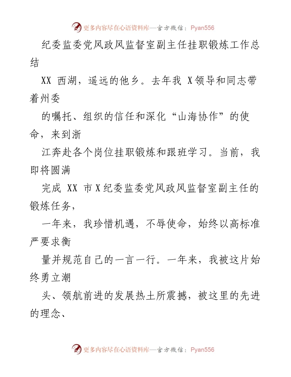 [工作总结] 挂职锻炼 - 纪委监委副主任挂职锻炼工作总结与学习体会.docx_第1页